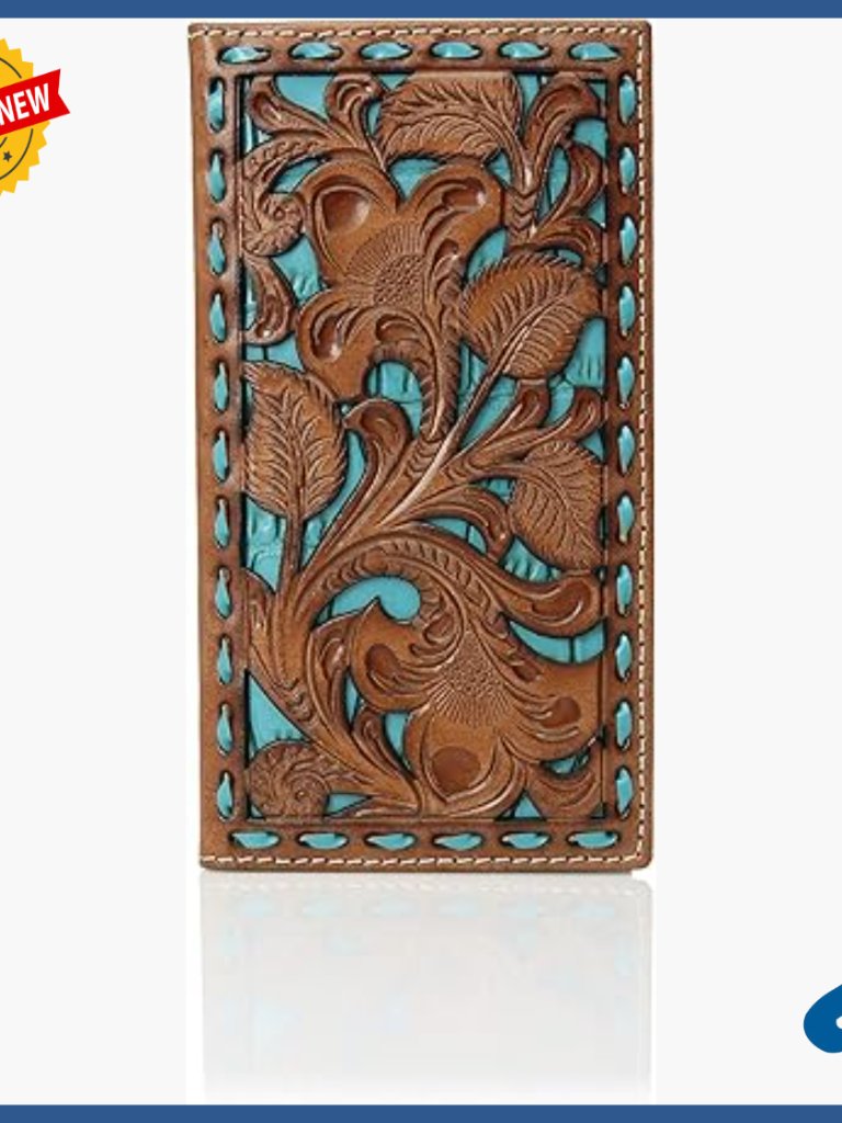 Genuine Leather Rodeo Wallet With Floral Inlay And Buckstitch Detailing